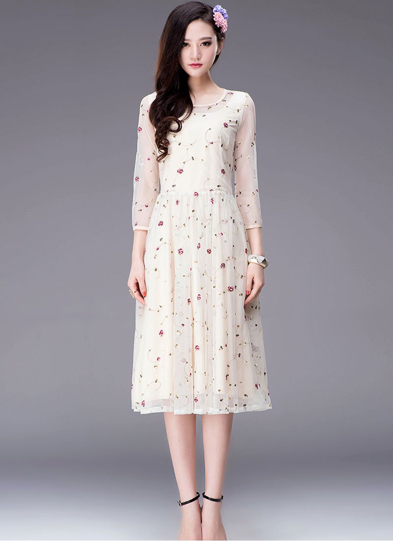 Floral Embroidered Beige Tea Dress with 3 Quarter Sleeves RM234