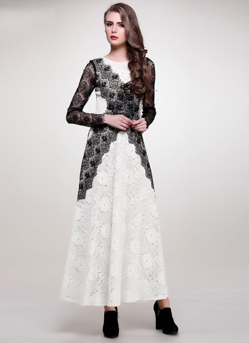 White Lace Maxi Dress with Black Eyelash Lace Appliqu&Atilde;&copy; Details RM236