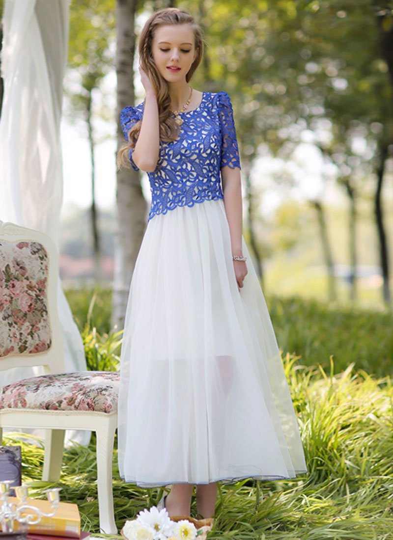 Contrast Color Lace Chiffon Maxi Dress with Blue Top and White Skirt RM248
