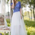Contrast Color Lace Chiffon Maxi Dress with Blue Top and White Skirt RM248
