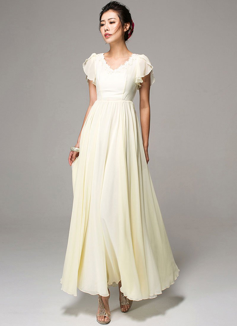 V Neck V Back Beige Maxi Dress with Lace Details and Flutter Sleeves RM265