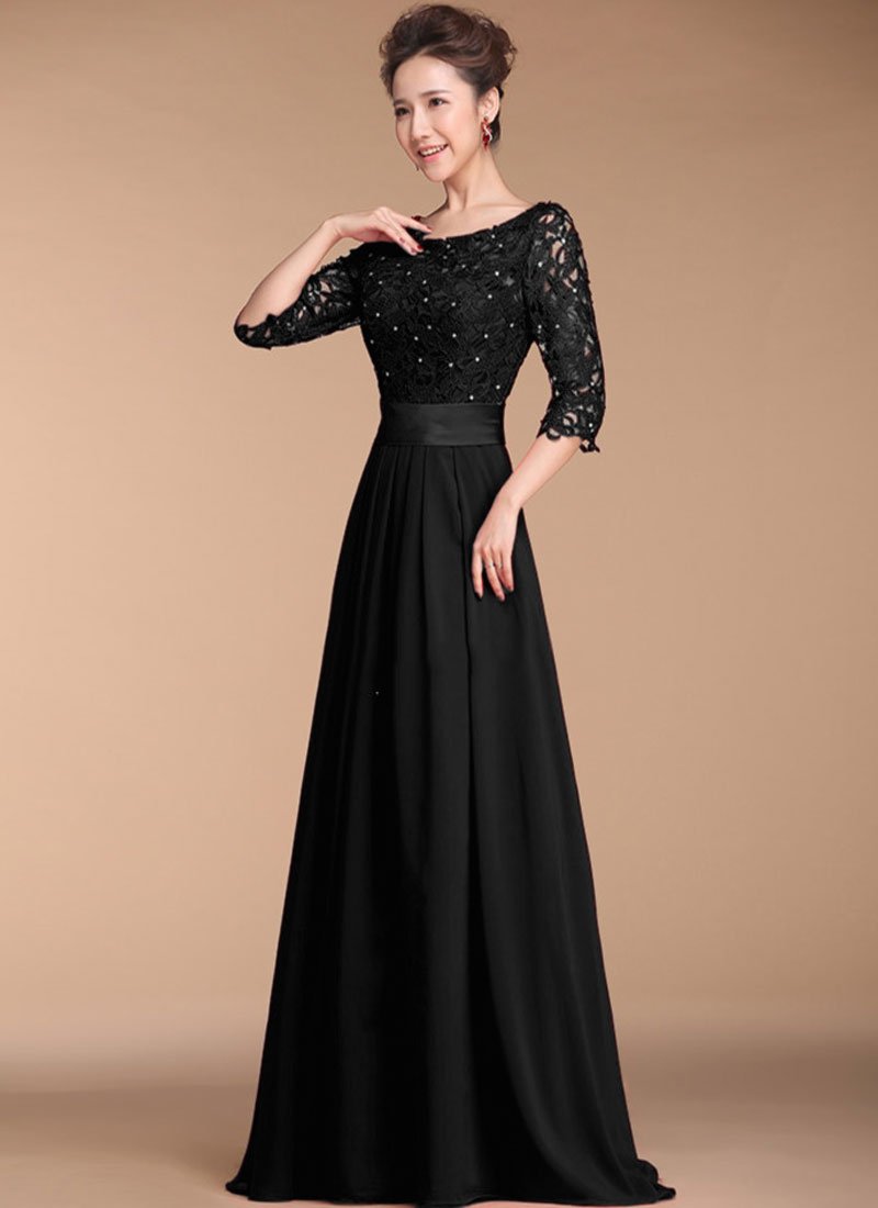 Lace and Chiffon Maxi Cap Sleeves Dress Black