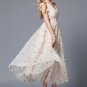 V Neck Floral Embroidered Beige Lace Maxi Dress with Chiffon Bodice RM287