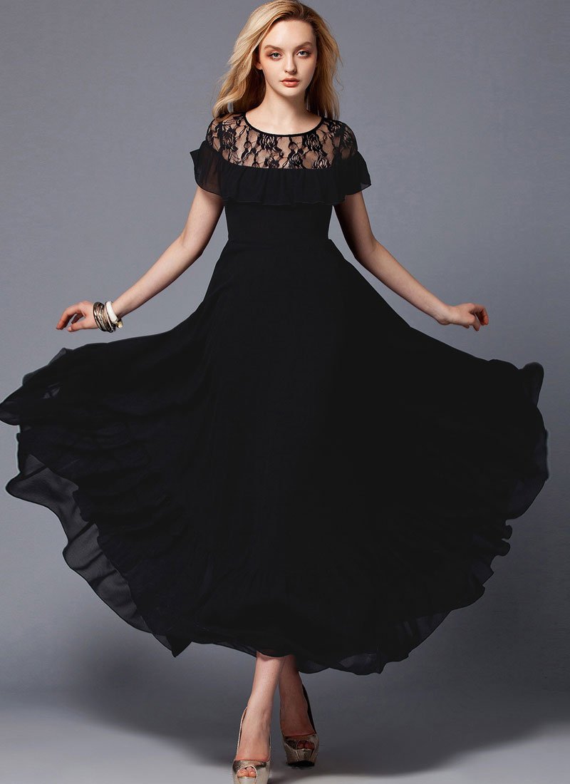 Black Maxi Dress with Lace and Flounce Details RM290