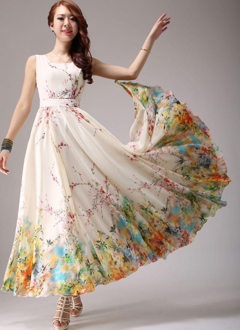 Light Yellow Maxi Dress with Colorful Floral Printed Hem RM292