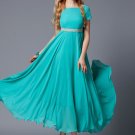 V Back Dark Turquoise Maxi Dress with Beige Lace Trim Details RM302