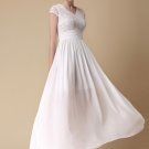 Floral Embroidered White Lace Chiffon Maxi Dress with Angled Waist Yoke RM304