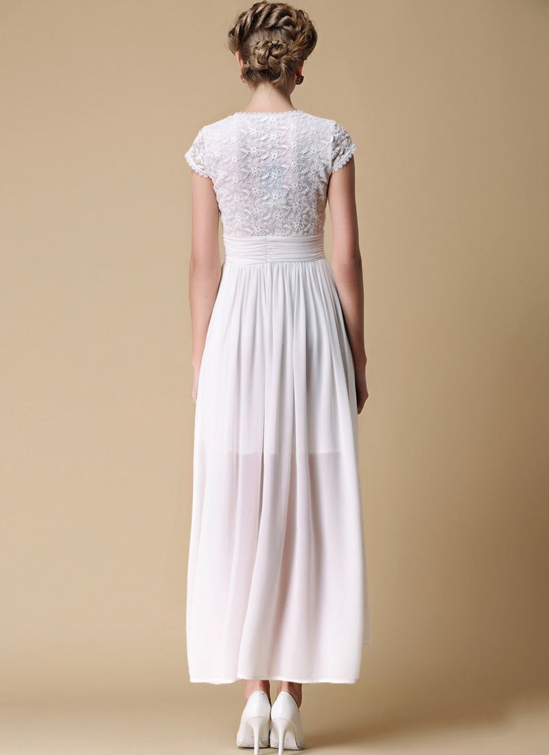 Floral Embroidered White Lace Chiffon Maxi Dress with Angled Waist Yoke RM304