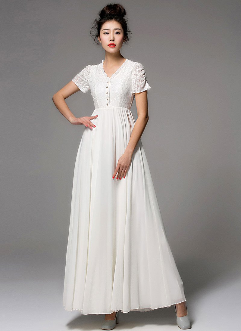 White Lace Chiffon Maxi Dress With Ruffled V Neck And Sleeves Rm305 