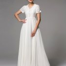 White Lace Chiffon Maxi Dress with Ruffled V Neck and Sleeves RM305