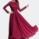 Maroon Lace Chiffon Maxi Dress with V Back and Eyelash Details RM310