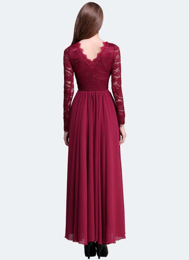 Maroon Lace Chiffon Maxi Dress With V Back And Eyelash Details Rm310