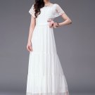 Tiered White Lace Chiffon Maxi Dress with Tiny Cape RM313