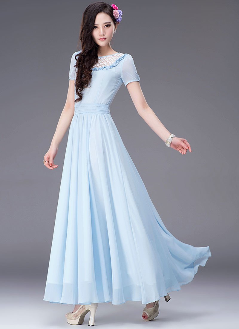 Light Blue Maxi Dress with White Lace Details RM314