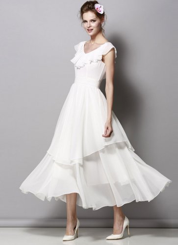 Ivory Chiffon Maxi Dress with Drape Neckline and Asymmetric Layered Skirt  RM317