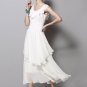 Ivory Chiffon Maxi Dress with Drape Neckline and Asymmetric Layered Skirt RM317