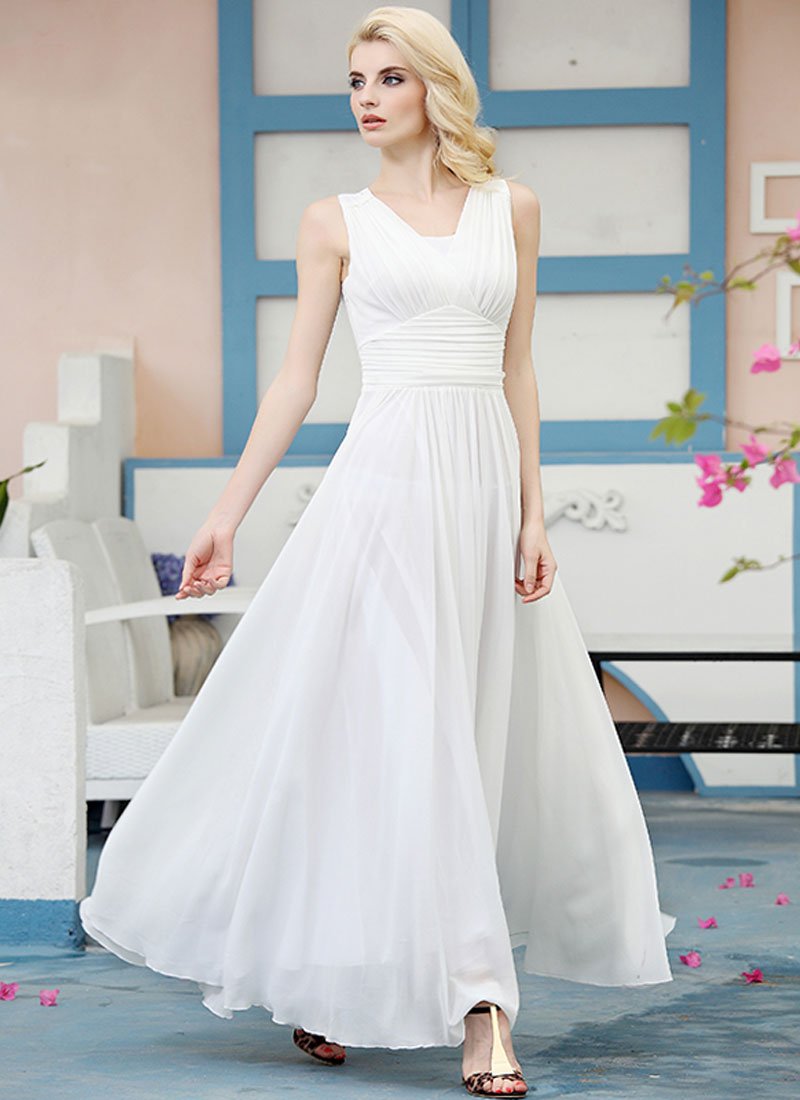 White Maxi Dress with V Neck and Wide Ruched Waist Yoke RM319