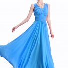 Sky Blue Maxi Dress with V Neck and Wide Ruched Waist Yoke RM319