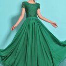 Emerald Green Lace Chiffon Maxi Dress with Cap Sleeves RM320