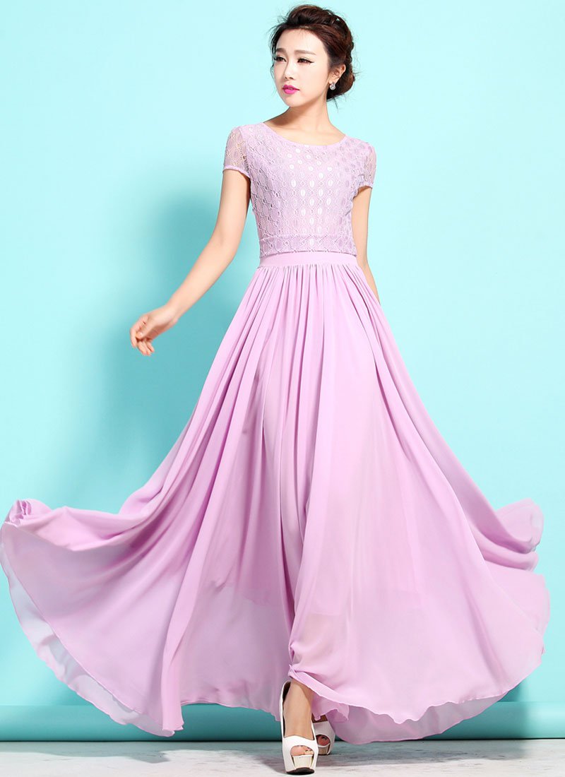 Violet Lace Chiffon Maxi Dress with Cap Sleeves RM320