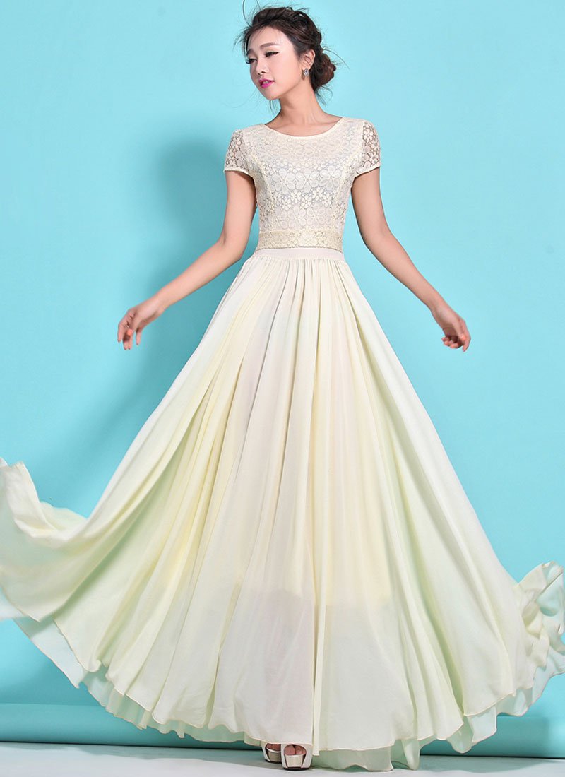 Beige Lace Chiffon Maxi Dress with Cap Sleeves RM320