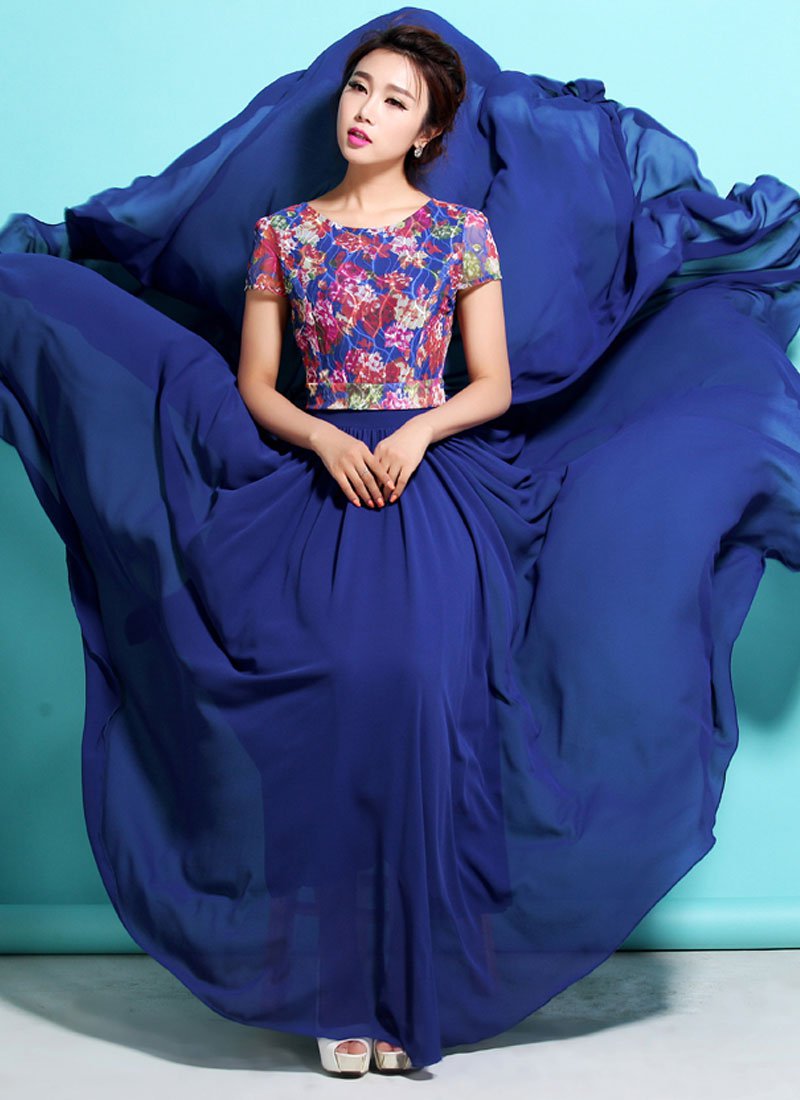 Sapphire Lace Chiffon Maxi Dress with Colorful Floral Print and Cap Sleeves RM320