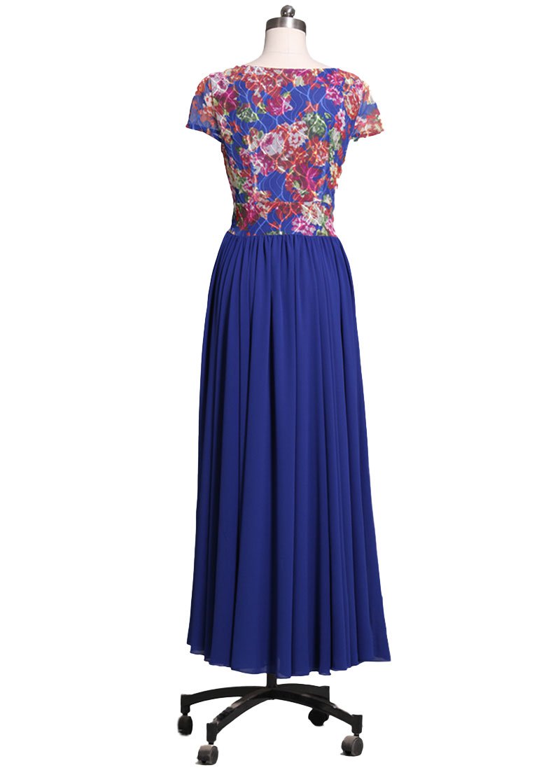 Sapphire Lace Chiffon Maxi Dress with Colorful Floral Print and Cap ...