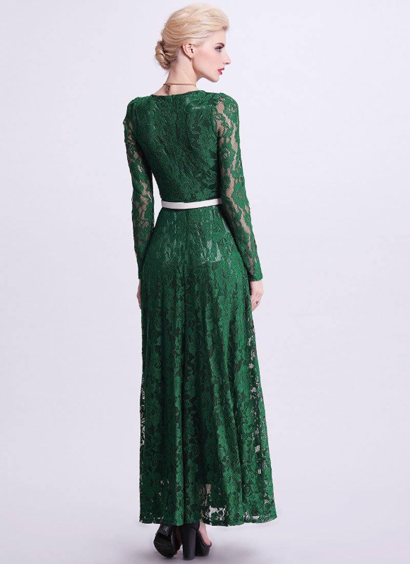 Emerald Green Lace Maxi Dress With Long Sleeves Rm340 