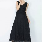 Black Lace Peplum Maxi Dress with Bow Belt and Eyelash Details RM345