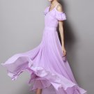 Open Shoulder Violet Chiffon Maxi Dress with Flounce Details RM347