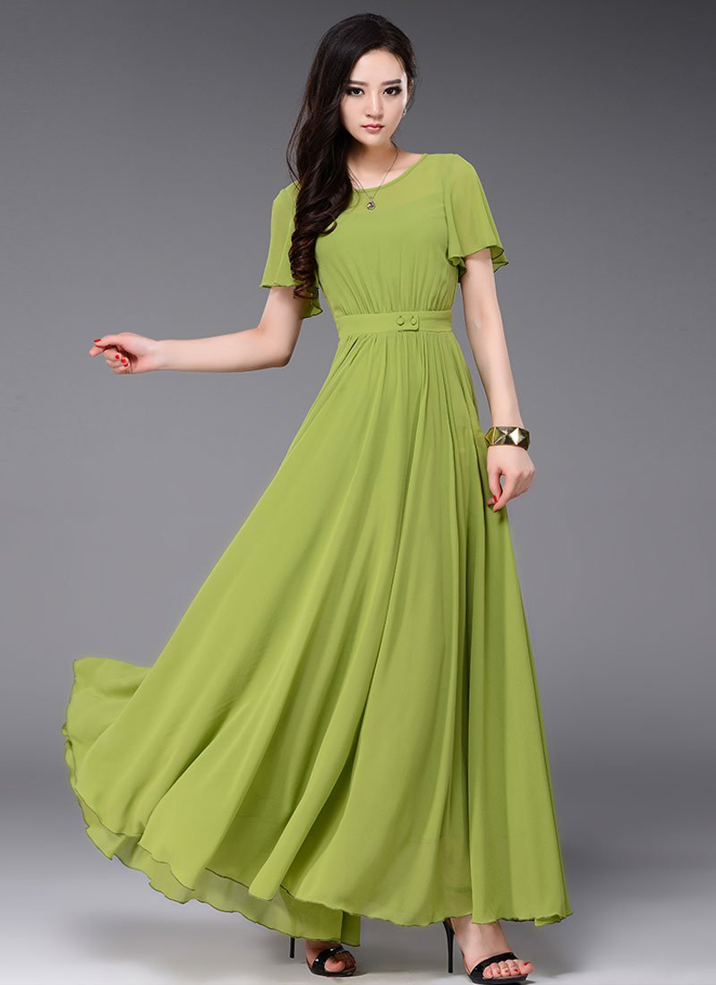 Olive Green Maxi Dress with Flutter Sleeves and Buttoned Waist Yoke RM353