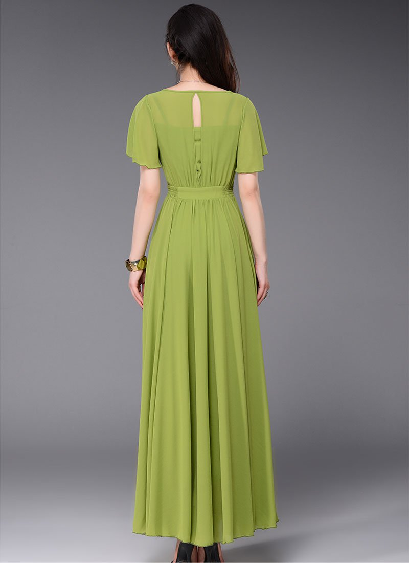 Olive Green Maxi Dress with Flutter Sleeves and Buttoned Waist Yoke RM353