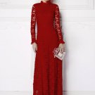Long Sleeved Maroon Lace Maxi Dress with Ruffled Neck and Cuff RM359