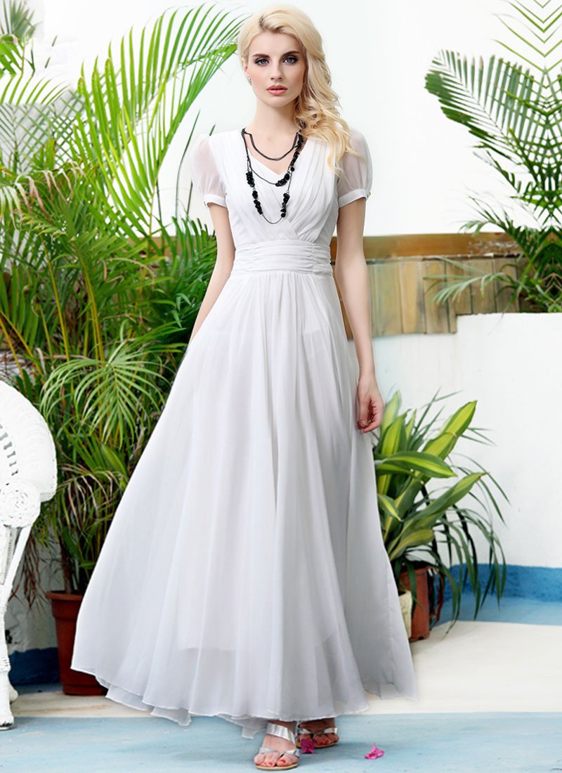 Short Sleeve White Chiffon Maxi Dress with V Neck and Ruched Waist Yoke RM367