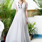 Short Sleeve White Chiffon Maxi Dress with V Neck and Ruched Waist Yoke RM367