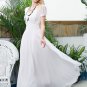 Short Sleeve White Chiffon Maxi Dress with V Neck and Ruched Waist Yoke RM367