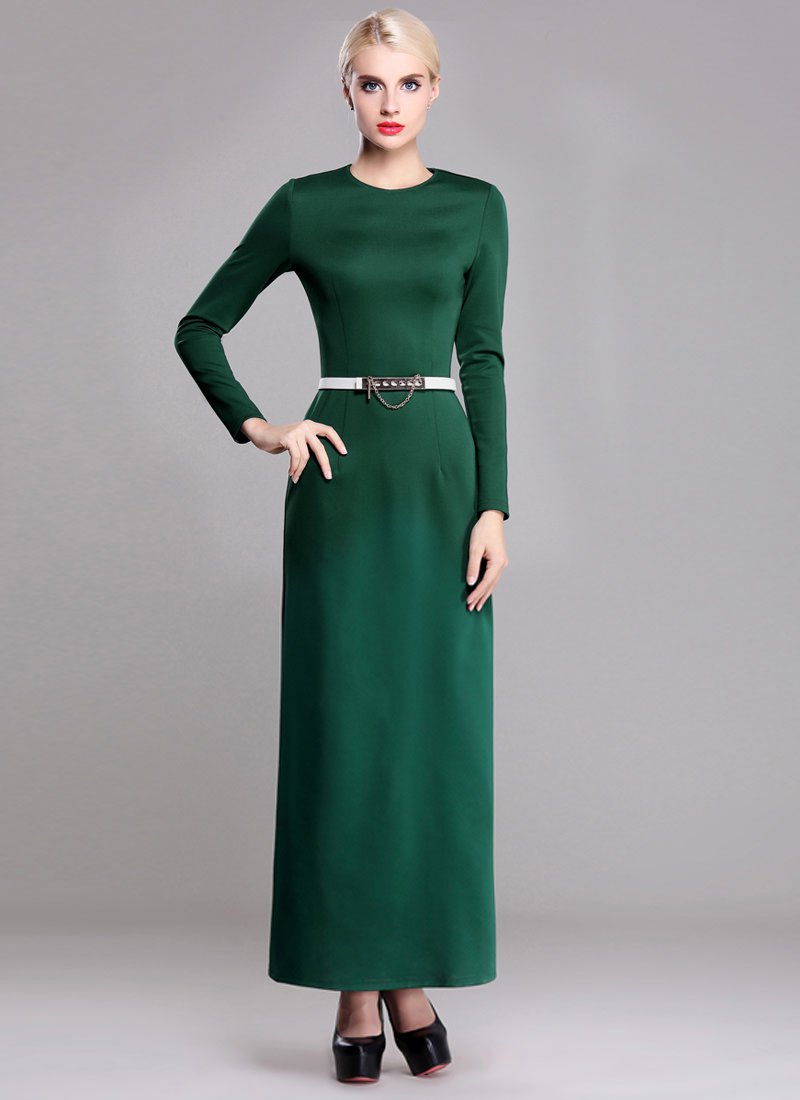 Long Sleeve Green Sheath Maxi Dress RM371