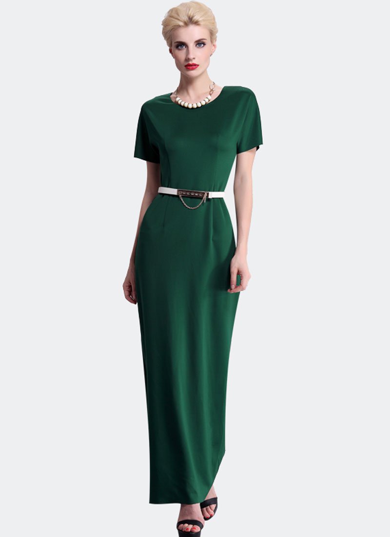 Short Sleeve Green Sheath Maxi Dress RM371