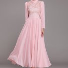 Pink Lace Chiffon Maxi Dress with Stand Collar and Long Sleeves RM375