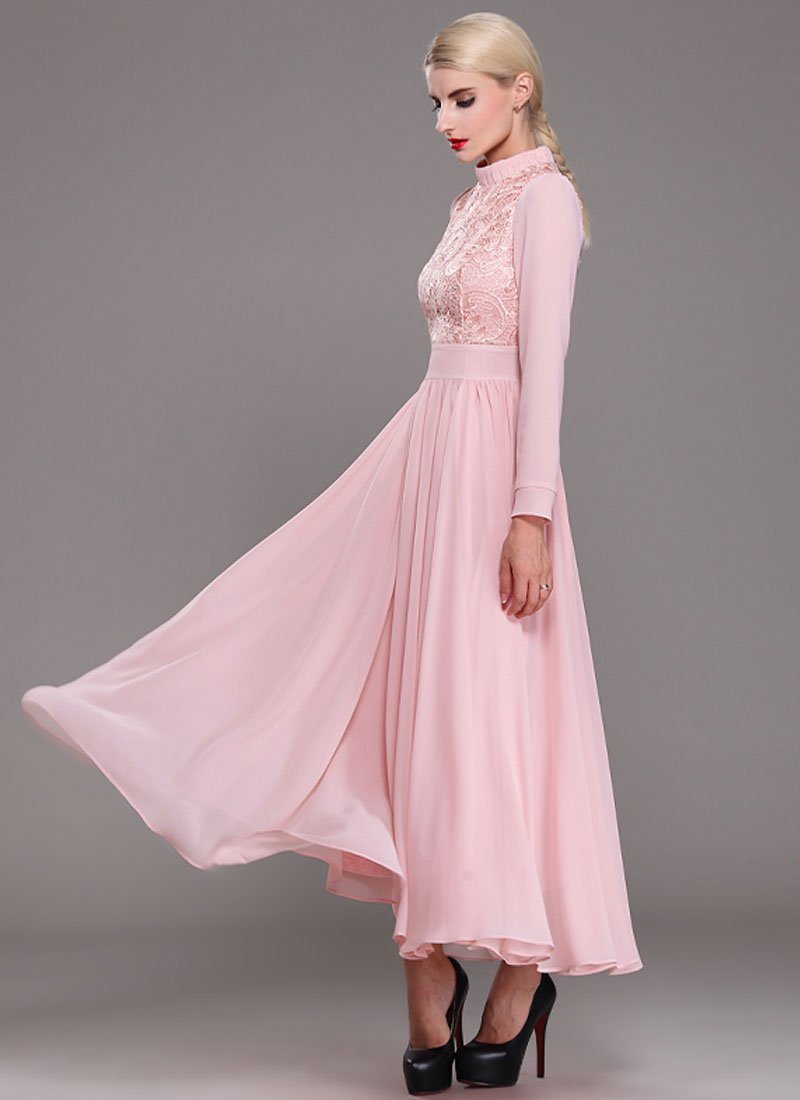 Lace Illusion Neck Chiffon Maxi Dresses with Bow Blushing Pink