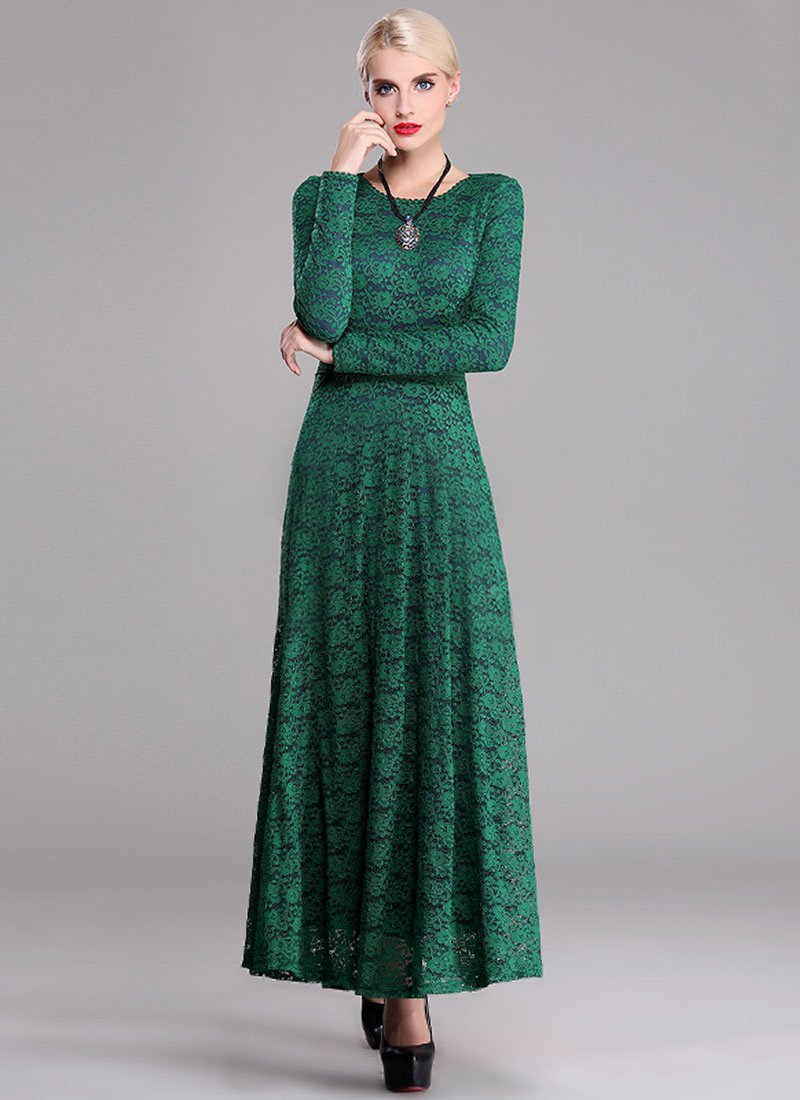 Long Sleeve Dark Green Lace Maxi Dress with Contrast Colored Lining RM377