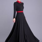 Long Sleeve Black Maxi Dress with Red Collar and Waist Yoke RM378