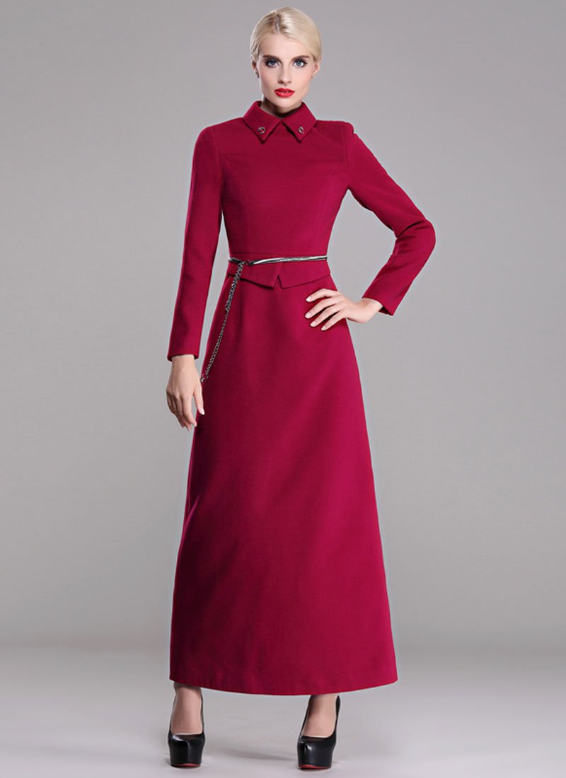 Red Wool Blend Maxi Dress with Asymmetric Peplum RM379