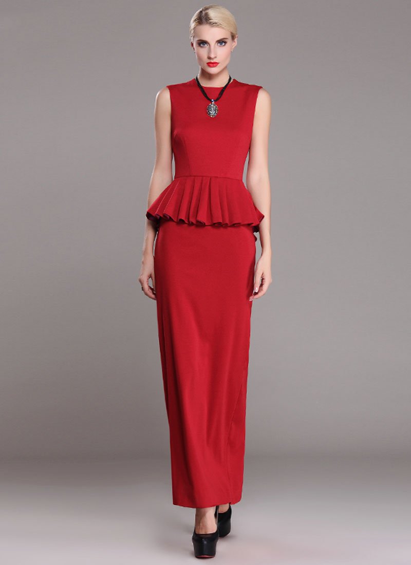 Sleeveless Red Sheath Maxi Dress with Peplum RM380