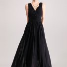 V Neck Black Maxi Dress with Pleated Waist Yoke RM389