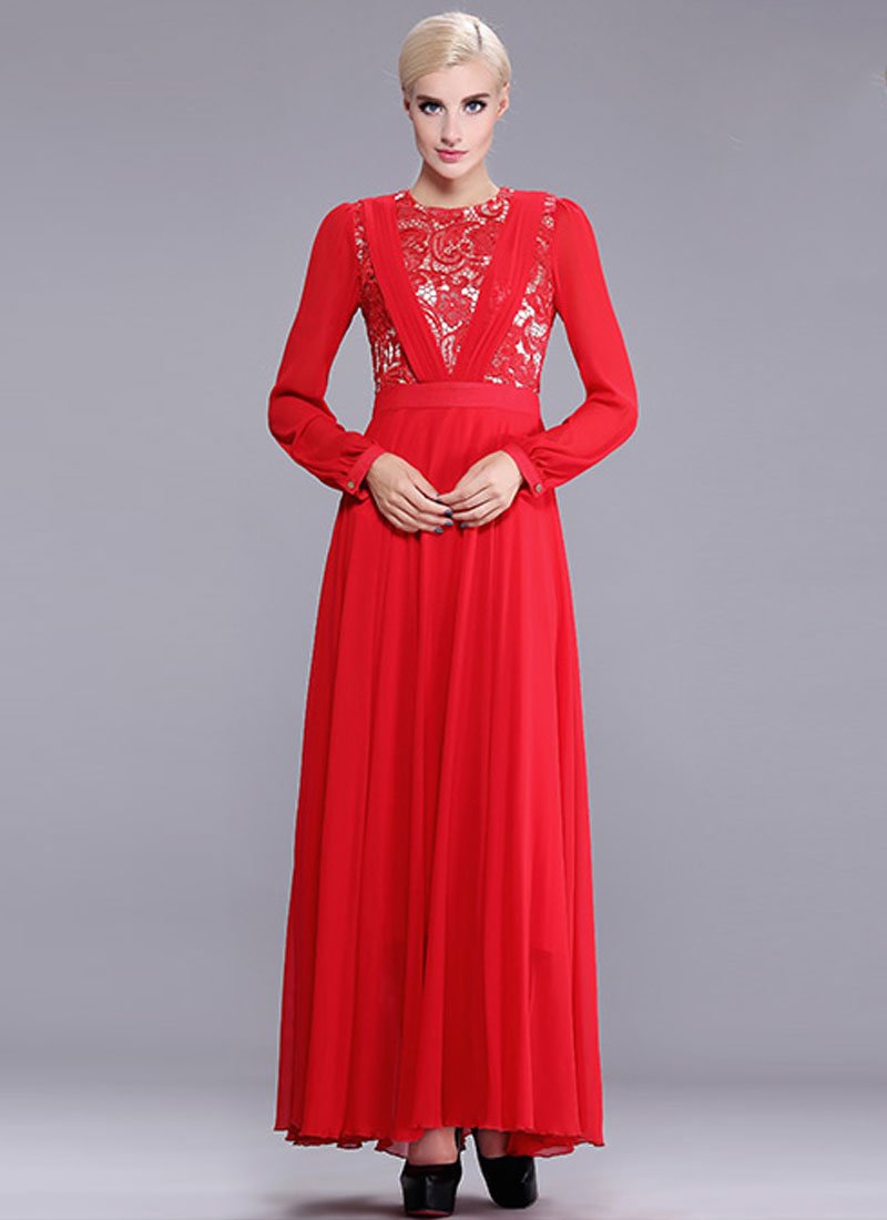 Red Lace Chiffon Maxi Dress with Pleated V Top RM391