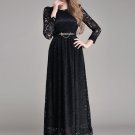 Black Lace Maxi Dress with Scalloped Hem and Cabochon Embellished Neck RM393