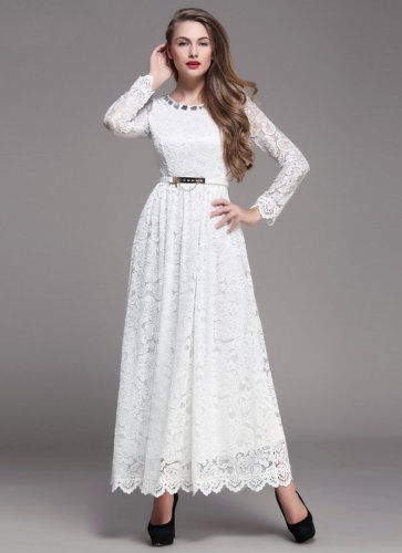 White Lace Maxi Dress with Scalloped Hem and Cabochon Embellished Neck RM393