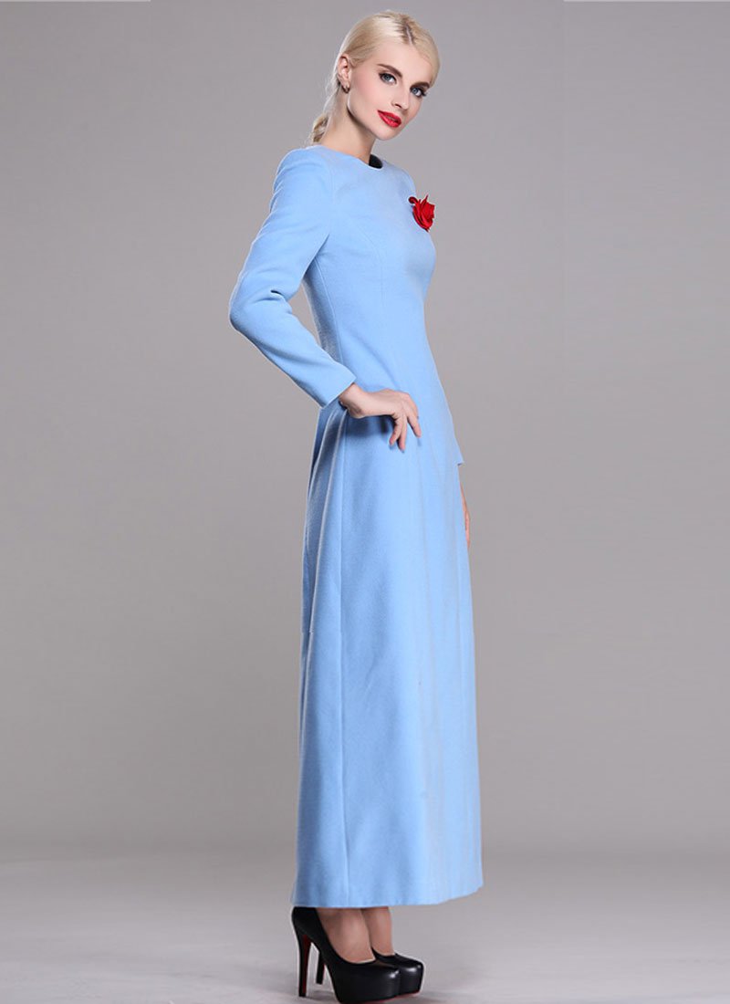 Long Sleeve Light Blue Wool Maxi Dress RM401