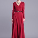 V Neck Red Maxi Dress with Long Sleeves RM404